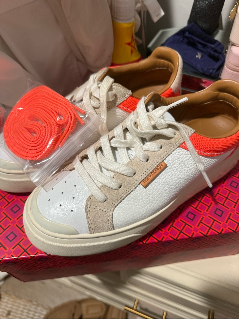 Tory Burch White Sneakers with Fluorescent Pink Accent - Picture 2 of 5